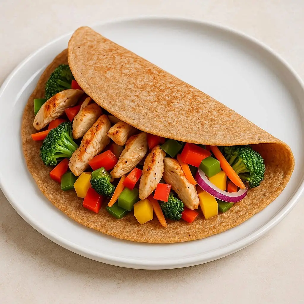 Panqueca fit integral recheada com frango e legumes coloridos, apresentada em prato limpo.