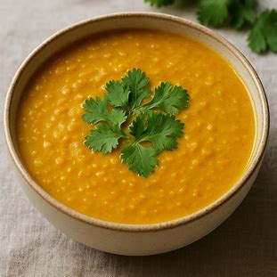 Sopa Indiana de Lentilha e Curry. Foto de uma sopa cremosa de cor amarela-alaranjada, servida em uma tigela de cerâmica, decorada com coentro fresco.