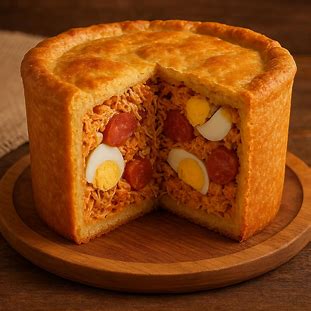 Empadão Goiano tradicional. Foto de um empadão grande e alto, com massa fofa, dourada e quebradiça. Um pedaço cortado revela um recheio multi farto e denso, com frango desfiado, linguiça calabresa e pedaços de ovos cozidos.