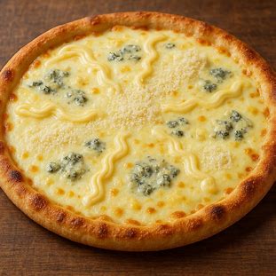 Pizza quatro queijos com mussarela, gorgonzola, parmesão e catupiry derretidos sobre massa crocante.