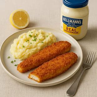 Filés de peixe empanados com maionese Hellmann’s e farinha de rosca, servidos com purê de batata.