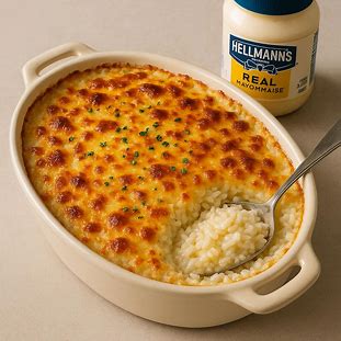 Arroz de forno cremoso com maionese Hellmann’s e queijo gratinado, servido em refratário.
