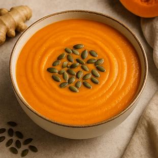 Sopa Cremosa Detox de Abóbora e Gengibre. Foto de uma tigela de sopa quente com cor laranja vibrante, indicando o uso de abóbora. A sopa tem textura cremosa e é decorada com sementes de abóbora.
