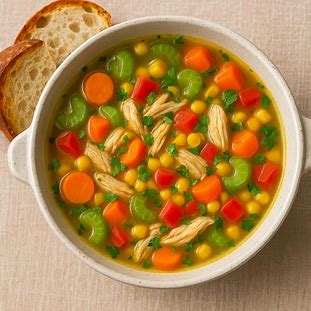 Tigela de sopa de legumes com frango, colorida e nutritiva, servida com pão artesanal.