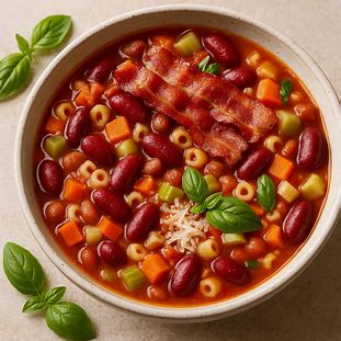 Tigela de minestrone clássico com bacon, feijão, legumes e macarrão, finalizado com queijo parmesão e manjericão fresco.