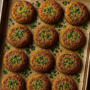 Falafel Assado com Ervas. Foto de bolinhos de falafel dourados e crocantes em uma assadeira.