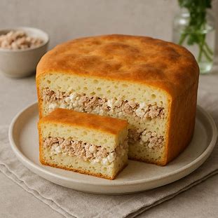 Torta de Atum com Queijo Cottage. Foto de uma torta salgada alta e prática, com massa de liquidificador fofa. O topo é levemente dourado e o interior é recheado com uma mistura proteica e leve de atum e queijo cottage.
