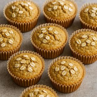Muffins de Banana e Aveia Saudáveis. Foto de bolinhos individuais em forminhas de papel, com a superfície levemente craquelada e dourada.