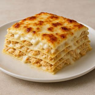 Lasanha de frango com molho branco gratinado, servida em fatias generosas em prato branco.