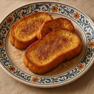 Rabanadas douradas com açúcar e canela servidas em prato decorado.