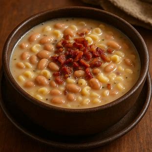 Prato fundo com sopa cremosa de feijão, pedaços de bacon crocante e macarrão pequeno, servida quente.