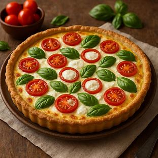 Quiche Caprese de Tomate Cereja e Muçarela de Búfala. Foto de uma torta salgada inspirada na cozinha italiana. A superfície é colorida com metades de tomate cereja vermelho e folhas frescas de manjericão, sobre um recheio de creme e queijo branco.