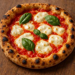 Pizza napolitana com mussarela de búfala derretida e folhas de manjericão sobre molho vermelho vivo.