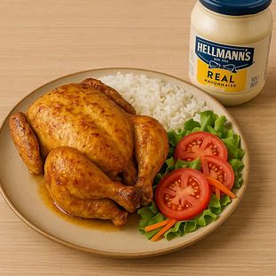 Frango assado dourado com maionese Hellmann’s, servido com arroz e salada.