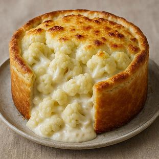 Torta de Couve-Flor Gratinada. Foto de uma torta salgada alta, com massa fofa e um topo gratinado e dourado. O recheio é composto por pedaços de couve-flor envoltos em molho bechamel (branco) e queijo parmesão.