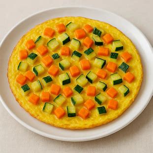 Omelete de legumes dourada com pedaços de cenoura e abobrinha servida em prato branco.