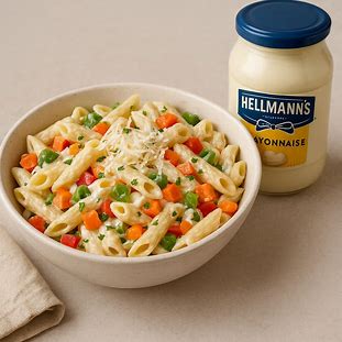Macarrão penne com maionese Hellmann’s, legumes coloridos e queijo ralado.
