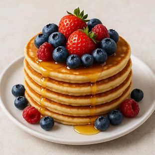 Pilha de panquecas americanas douradas cobertas com mel e frutas vermelhas frescas em prato branco.