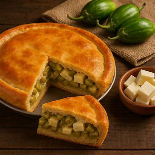 Empadão de Jiló e Queijo Coalho. Foto de uma torta salgada rústica com massa fofa e dourada. O recheio revela pedaços de jiló e cubos de queijo coalho levemente derretido.