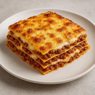 Gratinado de lasanha clássico com camadas de carne moída, molho branco e queijo, servido em prato branco.