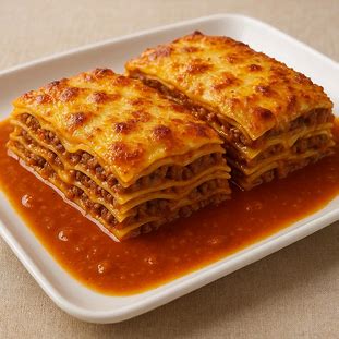 Lasanha de carne gratinada com molho enriquecido por caldo de leguminosas, servida em fatias numa travessa branca.