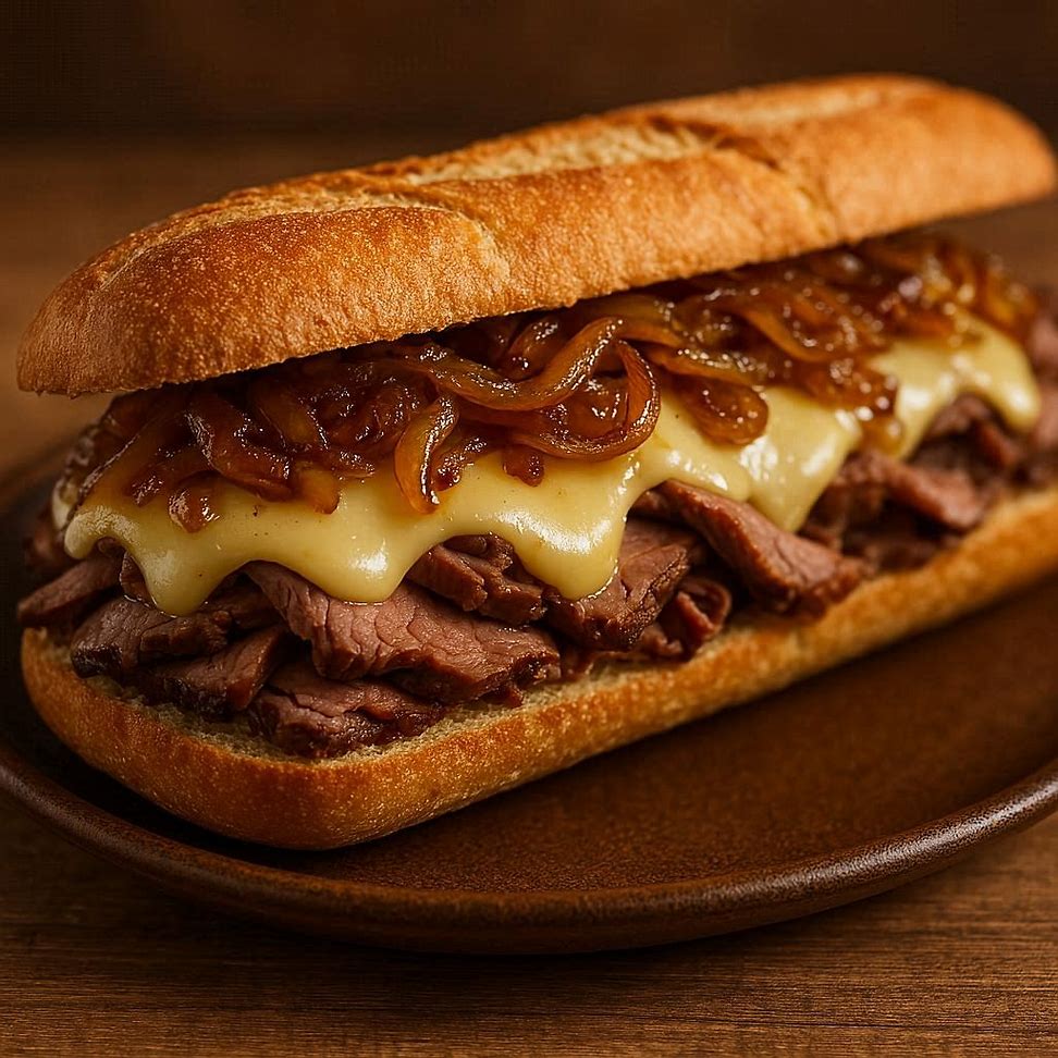 Sanduíche de carne assada com queijo derretido e cebola caramelizada, servido em pão baguete.