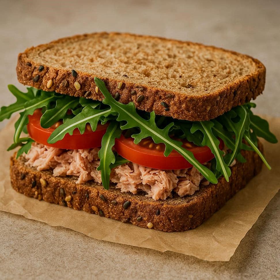 Sanduíche natural de atum com rúcula e tomate em pão integral, apresentado em papel manteiga.
