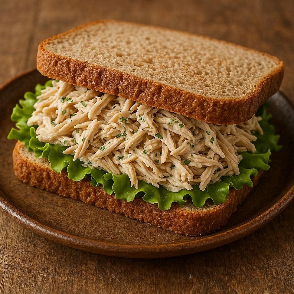 Sanduíche de frango desfiado temperado com maionese de ervas, acompanhado de alface em pão integral, servido em prato rústico.