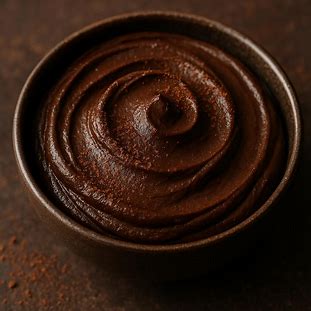 Mousse de Abacate e Cacau. Foto de uma mousse de chocolate em uma taça, com cor escura e textura aveludada, decorada com cacau em pó.