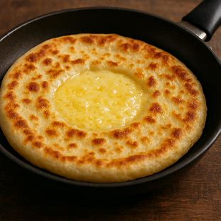 Pão de Queijo de Frigideira. Foto de um pão de queijo fino e redondo, feito na frigideira, com queijo derretido no centro, servido quente.