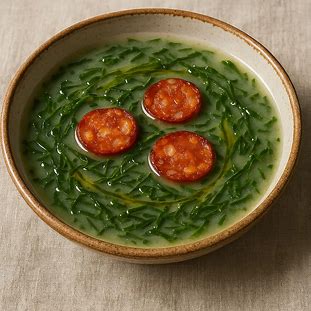 "Tigela de caldo verde tradicional português com couve fatiada, rodelas de linguiça dourada e fio de azeite por cima, servida em prato rústico sobre toalha de mesa.