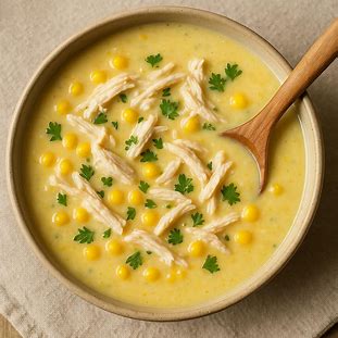 Tiigela de sopa cremosa de milho com frango desfiado e salsinha, servida quente com colher de madeira.
