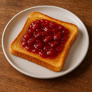 Torradas douradas com geleia de morango caseira em prato branco sobre mesa de madeira.