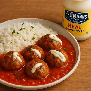Allmôndegas ao molho de tomate com maionese Hellmann’s servidas com arroz.