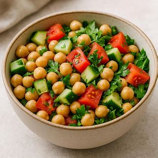 Salada Completa de Grão de Bico Proteica. Foto de uma salada colorida em uma tigela, com grão de bico, pepino, tomate e ervas frescas.