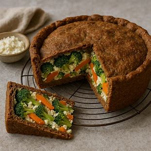 Torta de Legumes Integral saudável. Foto de uma torta salgada rústica, feita com massa integral escura e recheio recheada com brócolis, cenoura e ricota.