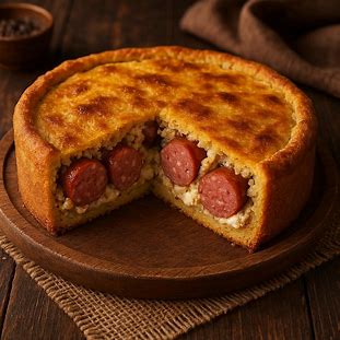 Torta Alemã de Linguiça Blumenau. Imagem de uma torta salgada rústica com massa de fubá, exibindo um topo dourado. O recheio é visivelmente farto, com linguiça defumada e queijo cremoso.