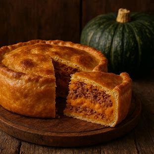 Torta de Carne Seca e Abóbora Cabotiá. Foto de uma torta salgada rústica e alta. O topo da massa é dourado e um corte revela o recheio cremoso e alaranjado, uma mistura de carne seca desfiada com purê de abóbora.