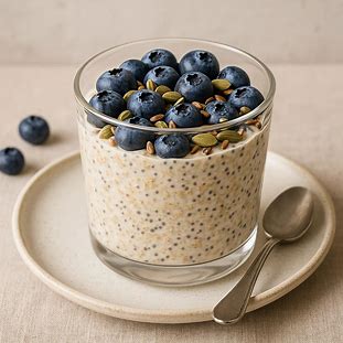 Overnight Oats, ou aveia dormida, servida em um copo de vidro. A receita de café da manhã é feita, com uma base cremosa de aveia e chia e topo decorado com mirtilos frescos e sementes.