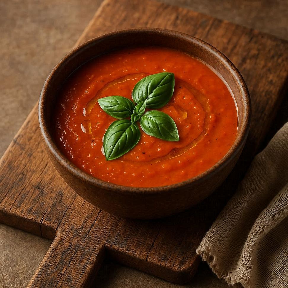 Tigela de sopa de tomate assado com folhas de manjericão fresco e fio de azeite, servida sobre tábua rústica.