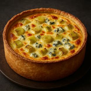 Uma quiche elegante e gourmet com massa crocante e bordas altas. A superfície do recheio é dourada e cremosa, revelando pedaços de alho-poró e queijo gorgonzola derretido.