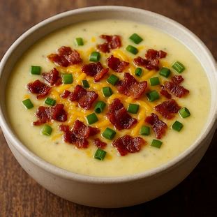 Tigela de sopa cremosa de batata com pedaços de bacon crocante e queijo derretido, finalizada com cebolinha verde.