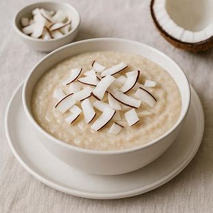 Mingau de coco cremoso servido em tigela branca com lascas de coco fresco.