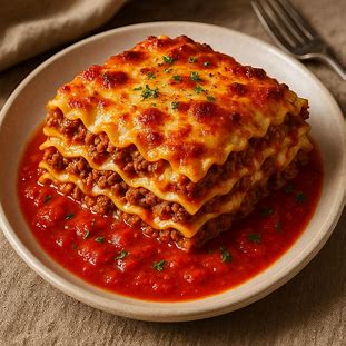 Lasanha quente de carne com molho vermelho vibrante servido em travessa, pronta para ser degustada.