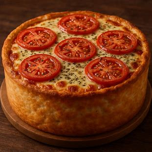 Torta de Pizza. Foto de uma torta salgada alta e fofa, com a aparência de uma pizza. A superfície tem queijo muçarela derretido, rodelas de tomate e muito orégano.