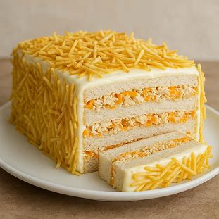 Torta Fria de Pão de Forma. Foto de uma torta salgada de camadas que não vai ao forno, coberta com maionese e decorada com batata palha nas laterais. Um corte revela as camadas de pão de forma, recheio de frango e cenoura.