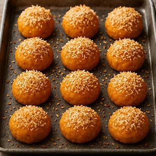 Bolinhos de Batata Doce com Coco. Foto de pequenos bolinhos assados com coco ralado na superfície, dispostos em uma assadeira.