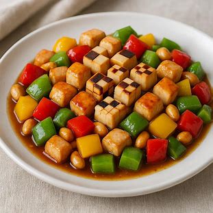 Frango Xadrez Fit com Legumes. Foto de uma porção de frango xadrez com cubos de frango, pimentões coloridos e amendoim.