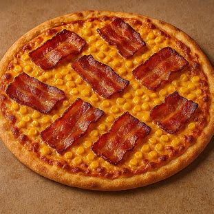 Pizza dourada de bacon crocante com milho e cheddar derretido sobre base de massa fina e crocante.