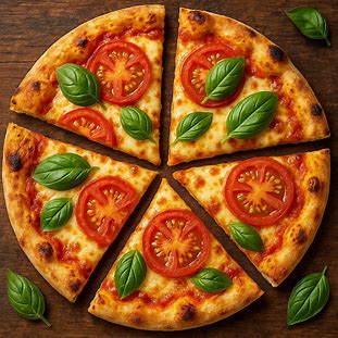 Fatias de pizza Marguerita com queijo derretido, rodelas de tomate e folhas de manjericão fresco.